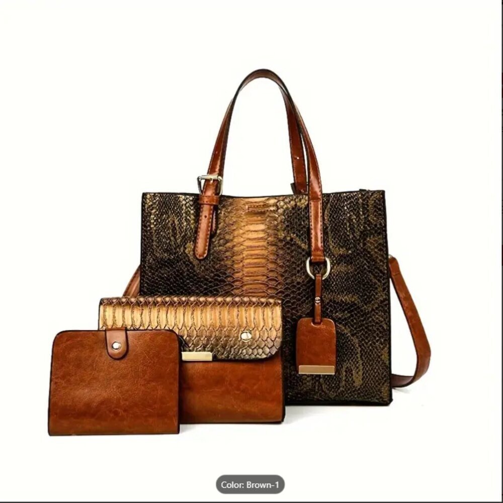3-Piece Crocodile Pattern Handbag Set – Tote, Clutch & Wallet